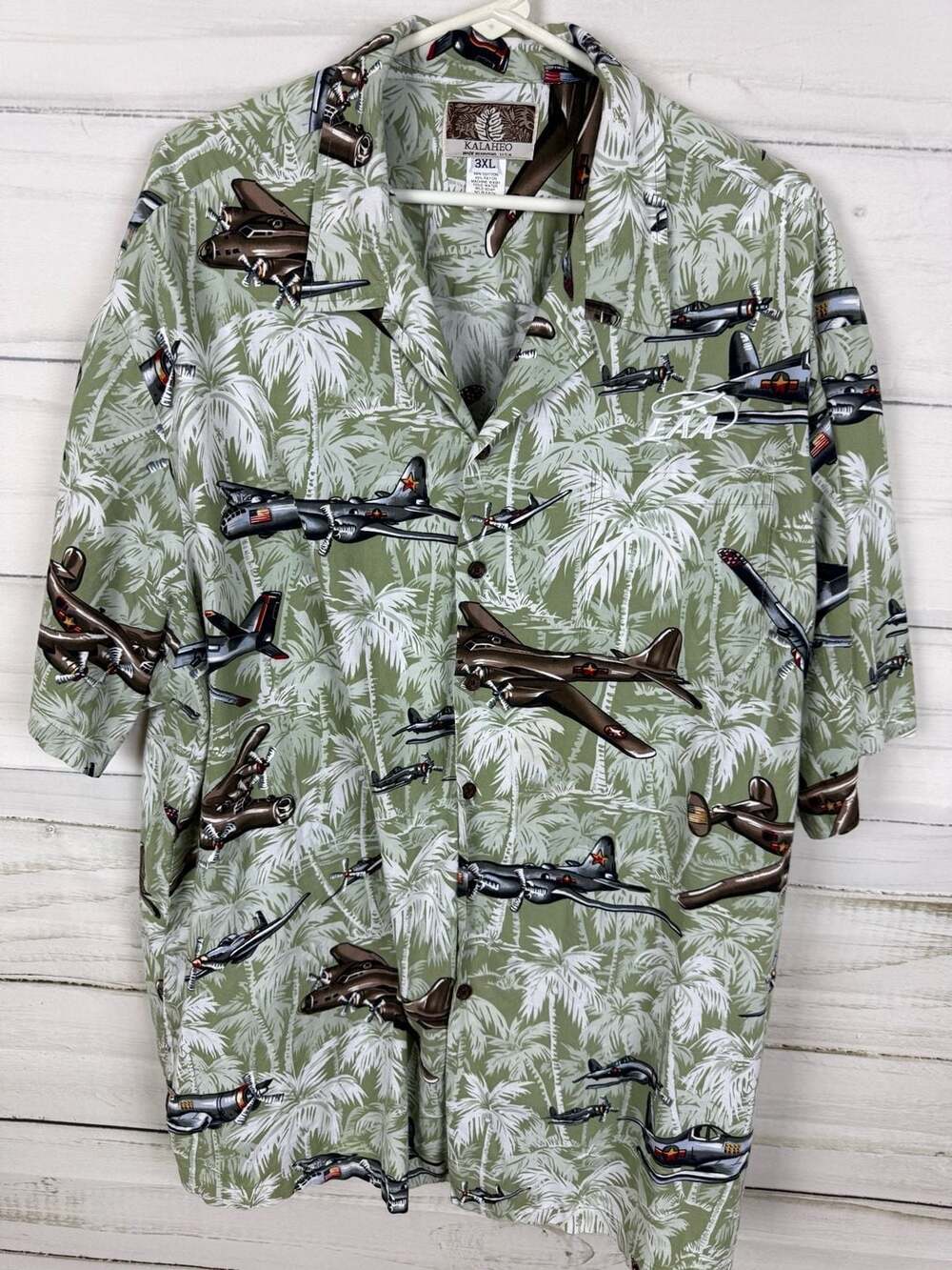 Kalaheo Men's 3XL WWII Bomber Airplane Hawaiian Shirt Made in Hawaii EAA Logo